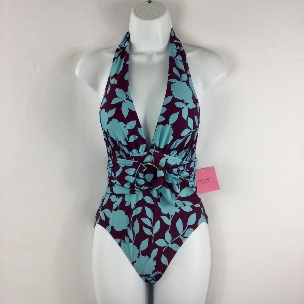 Kate Spade New York Geranium Grove Belted Plunge Halter One-Piece Size XS NWT - Picture 4 of 10